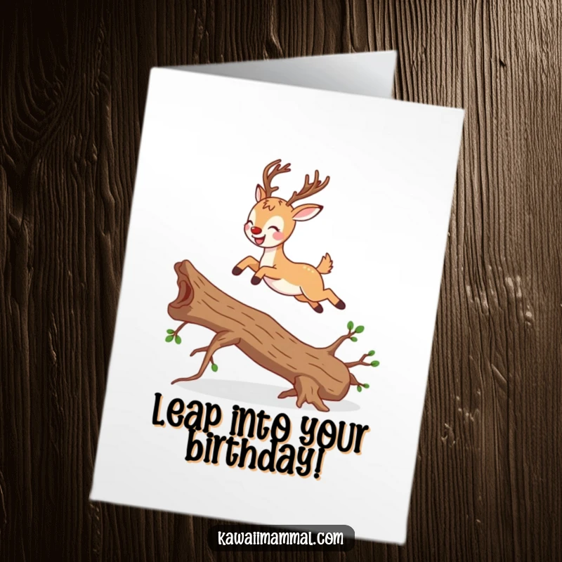 Funny Free Printable Birthday Card featuring a joyful deer leaping gracefully over a fallen branch, celebrating your day.