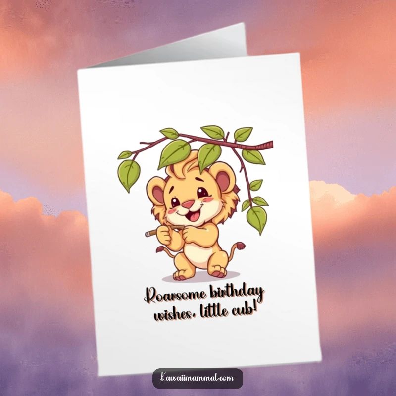 Funny Free Printable Birthday Card: Content lion cub batting at a dangling vine, playful jungle birthday, downloadable gift.