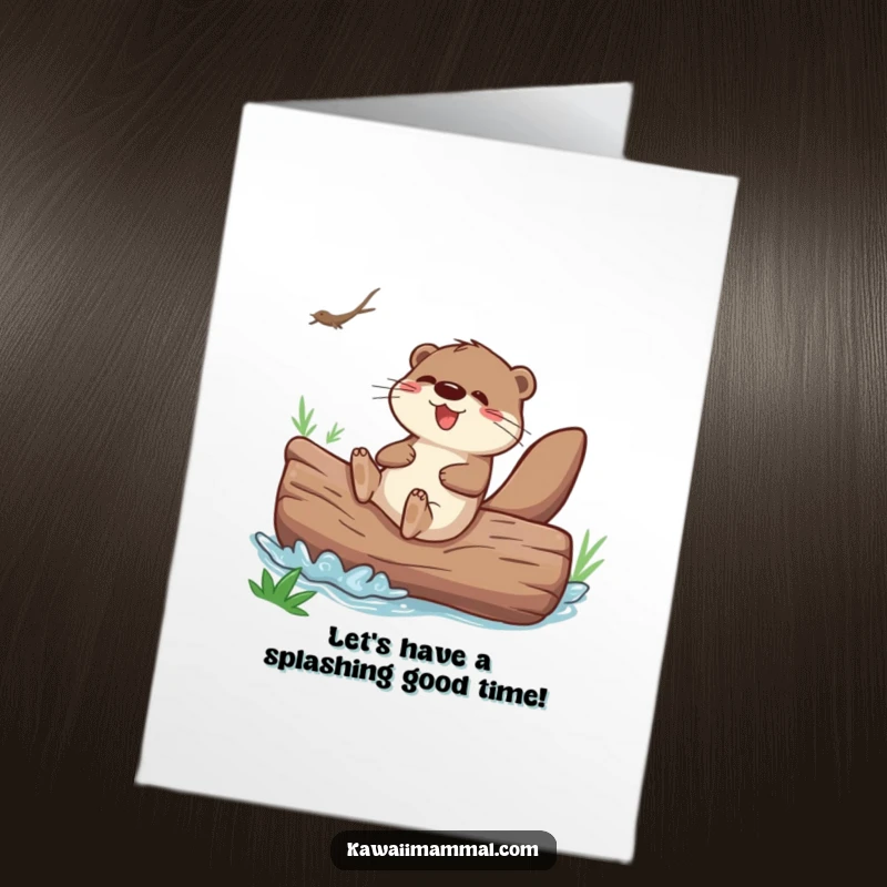 Funny Free Printable Birthday Card: Playful Otter Joyfully Sliding Down Giant River Log, Celebrating with Enthusiasm.