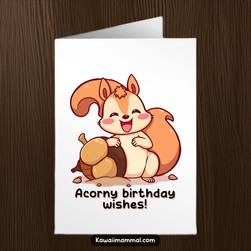 Funny Free Printable Birthday Card: Delighted squirrel burying a comically large acorn with enthusiasm.