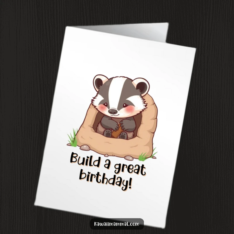 Funny Free Printable Birthday Card: A determined badger busily building a cozy burrow, a charming downloadable for birthday wishes.