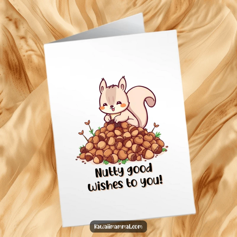 Funny Free Printable Birthday Card: Kawaii squirrel gleefully burying an enormous pile of acorns, spreading birthday cheer.