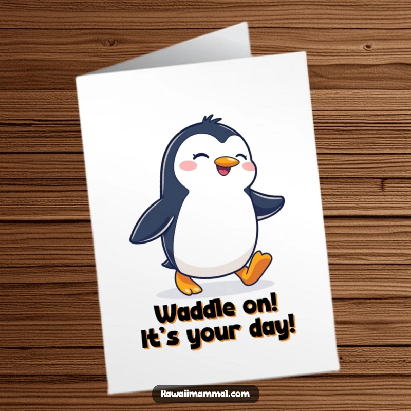 Funny Free Printable birthday card of a joyous penguin waddling with a confident, determined stride towards celebration.
