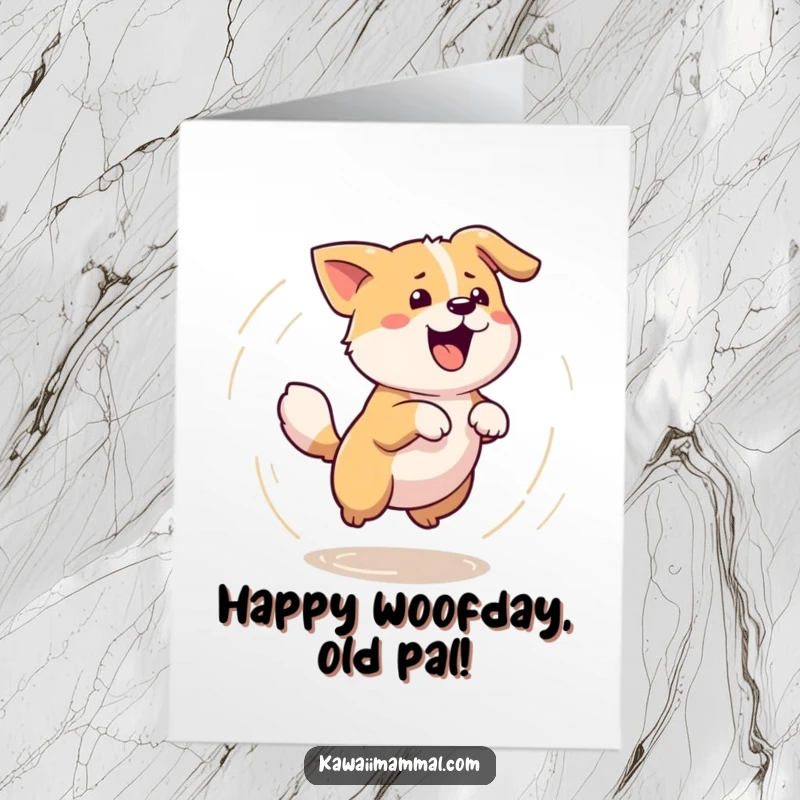Funny Free Printable Birthday Card: a happy Kawaii dog chasing its tail in a dizzy, energetic circle.