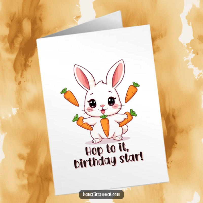 Funny Free Printable Birthday Card: a Kawaii rabbit with wide eyes attempting to juggle three carrots.