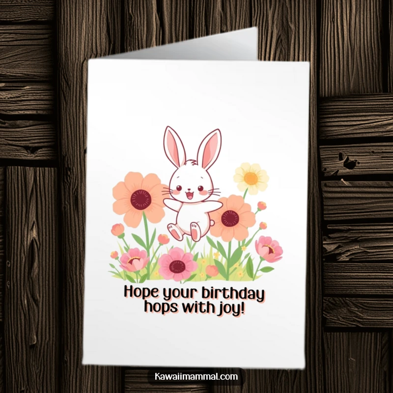 Cute Free Printable Birthday Card: A kawaii bunny hopping joyfully through a vibrant field of giant, colorful flowers.