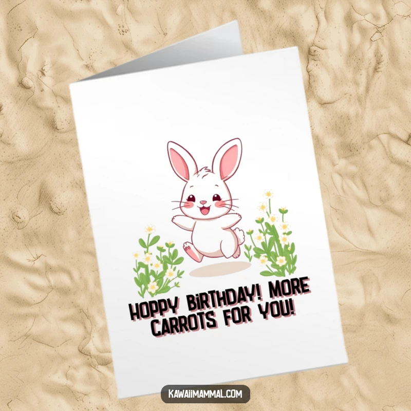 Funny Free Printable Birthday Card: Cute bunny joyfully hopping through a field of clover, spreading birthday cheer.