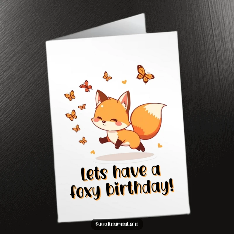 Funny Free Printable Birthday Card: Playful fox with a bushy tail excitedly chases colorful butterflies. Energetic woodland theme.