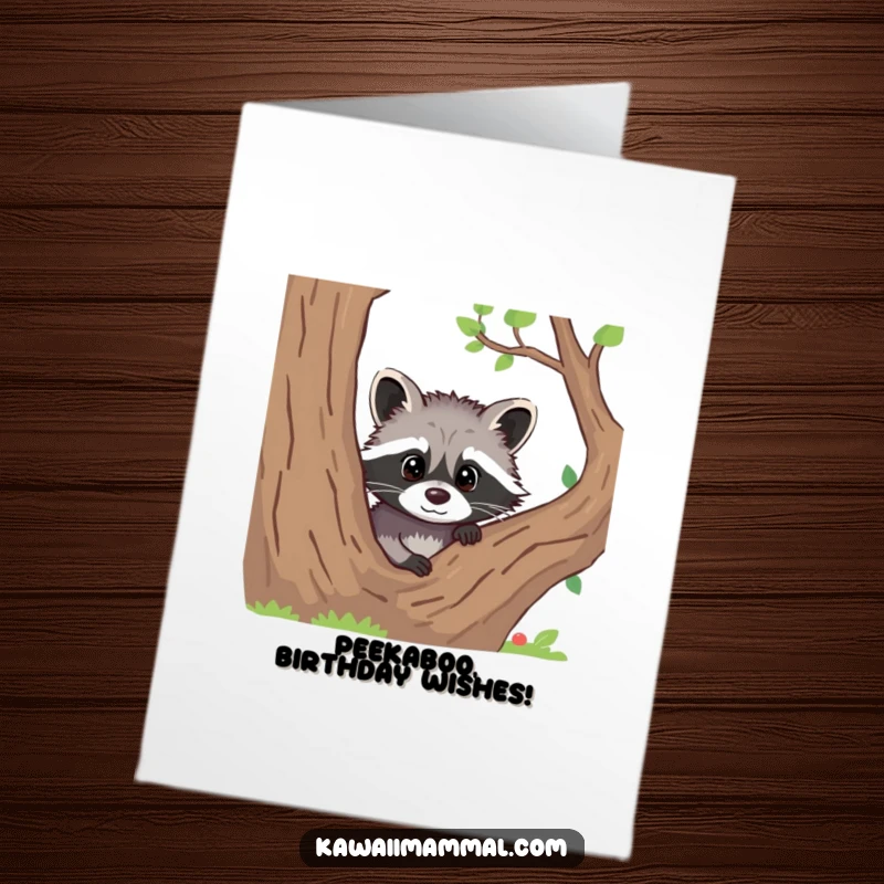 Funny Free Printable Birthday Card: A curious raccoon peeks playfully from behind a tree, a downloadable card with a hidden surprise.