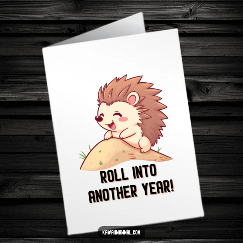 Funny Free Printable Birthday Card: Joyful hedgehog with quills out, hilariously attempting to roll down a hill.