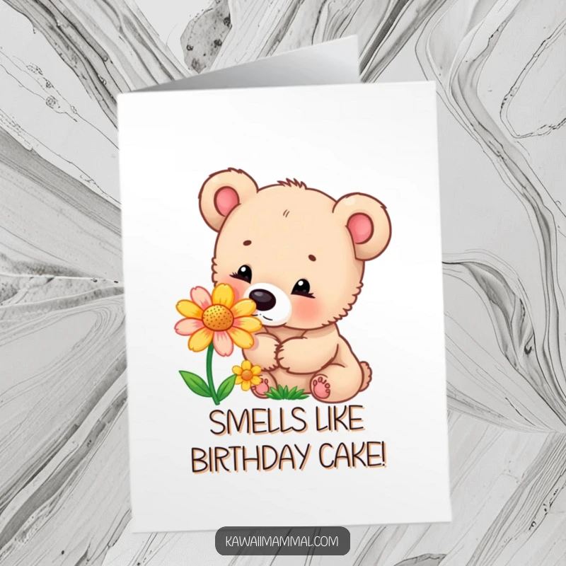 Funny Free Printable birthday card of a curious bear cub gently sniffing a vibrant, colorful flower with wonder.