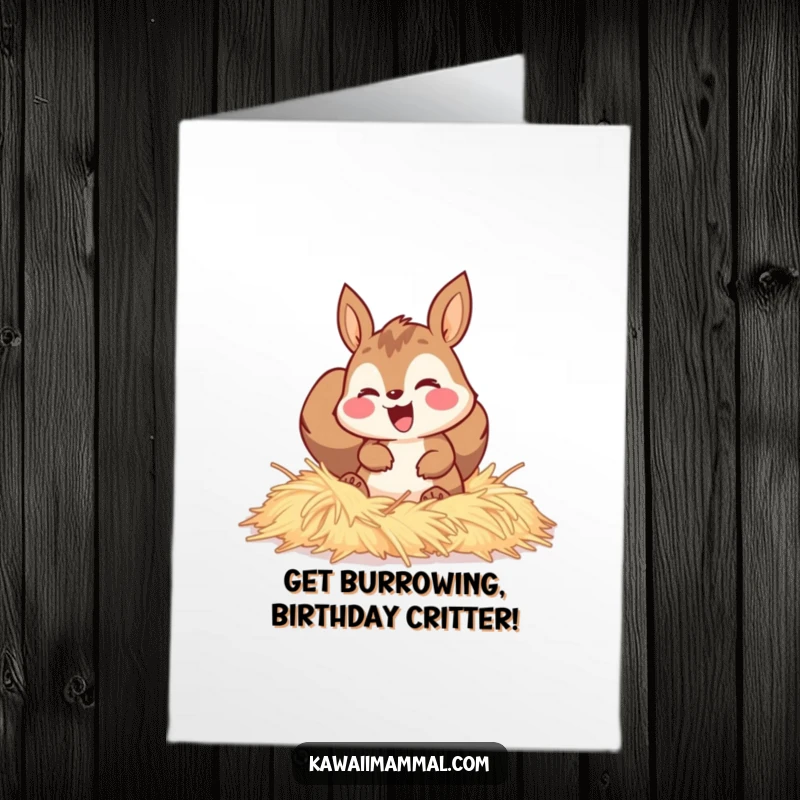 Funny free printable birthday card showing a happy squirrel gleefully burrowing into a pile of soft hay, looking excited.