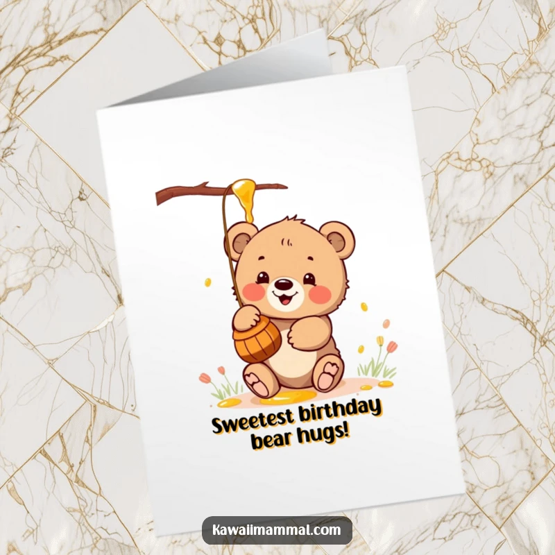 Cute Free Printable Birthday Card: A kawaii bear cub enthusiastically batting at a dangling honey pot, full of joy.