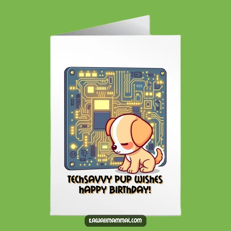 Free Printable Puppy Tech Birthday Card: Funny Dog & Circuit Board Downloadable Gift