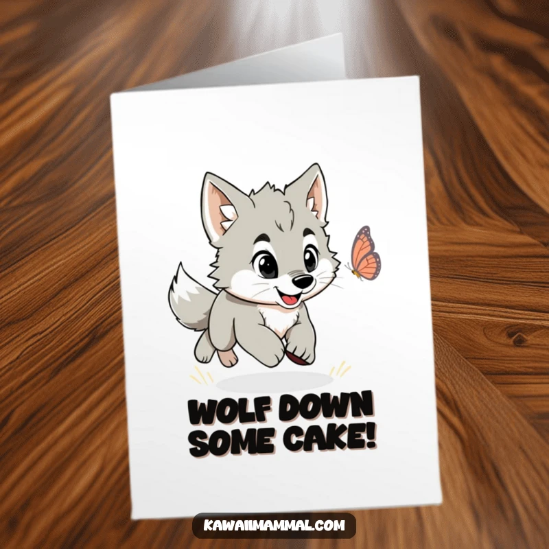 Funny Free Printable Birthday Card: An energetic wolf puppy joyfully chases a fluttering butterfly, a downloadable card of pure fun.