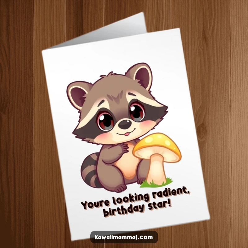 Funny Free Printable Birthday Card: Curious raccoon with big eyes examines a bright glowing mushroom. Whimsical nature theme.