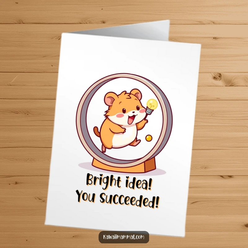 Funny Free Printable Congratulations Card featuring a happy hamster on a wheel powering a light bulb, download now.