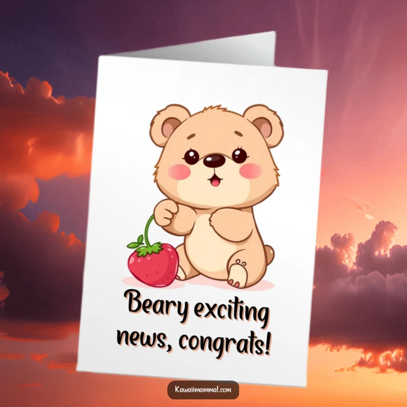 Funny Free Printable Congratulations Card with a determined bear cub reaching eagerly for a large cluster of ripe berries.