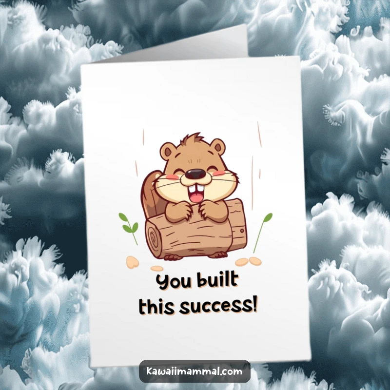 Funny Free Printable Congratulations Card showing a happy beaver diligently gnawing a log, celebrating your success.