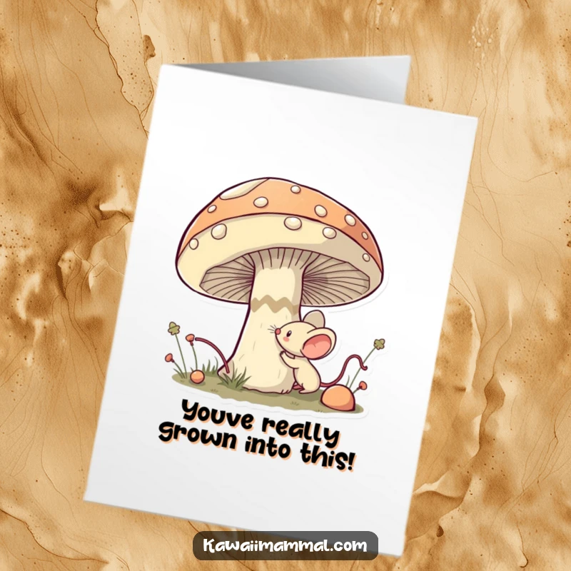 Funny Free Printable Congratulations Card: A brave kawaii mouse explores a giant mushroom, symbolizing new discoveries.