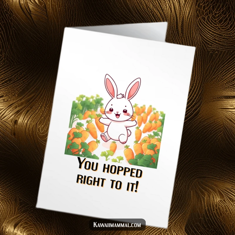 Funny Free Printable Congrats Card: Cheerful rabbit hopping through glowing carrots, celebrating an awesome achievement with glee.