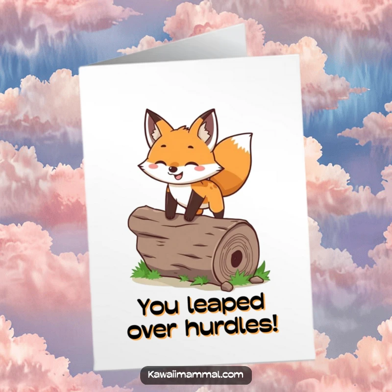 Funny Free Printable Congratulations Card: Joyful fox leaping over a log, ears perked, cheering for your amazing achievement.