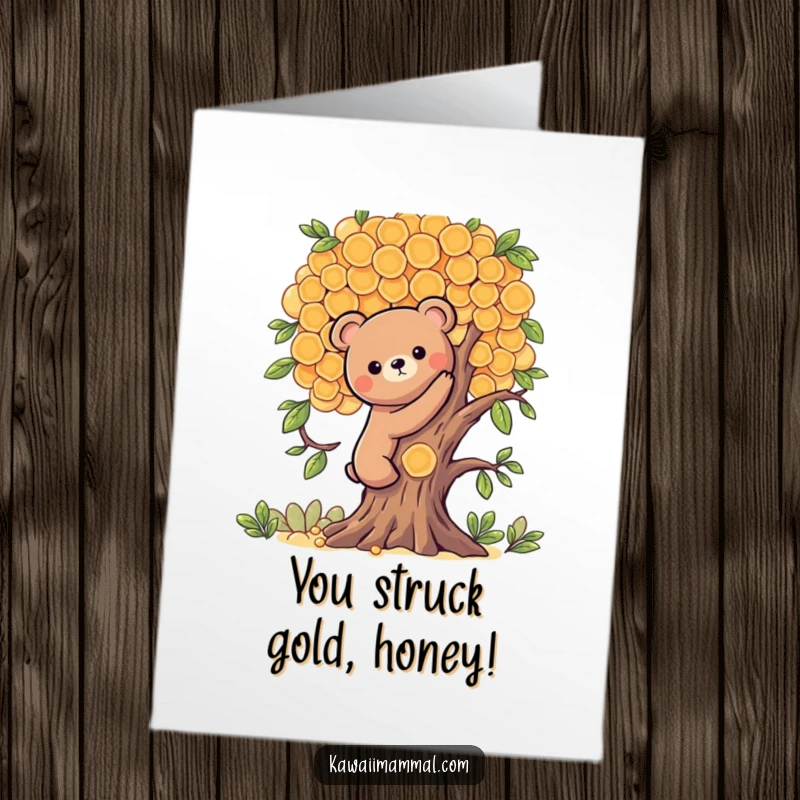 Funny Free Printable Congratulations Card: a determined Kawaii bear scaling a tree made of golden honeycombs.