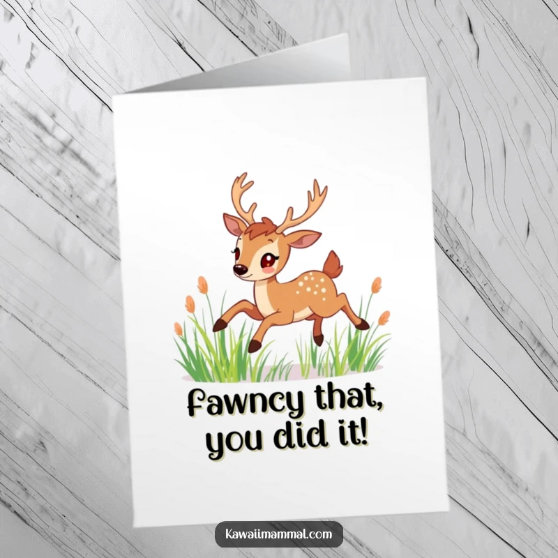 Funny Free Printable Congrats Card: Graceful deer with majestic antlers leaps through a sun-dappled meadow. Elegant celebration.