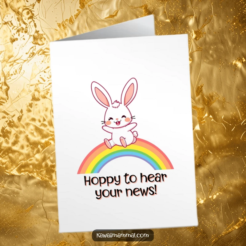 Funny Free Printable Congrats Card: Happy rabbit joyfully bounds over a colorful rainbow. Symbol of good fortune.