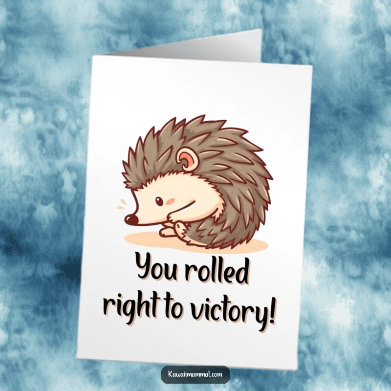 Funny Free Printable Congratulations Card: A Kawaii hedgehog in a perfect ball, rolling downhill to celebrate a big win.