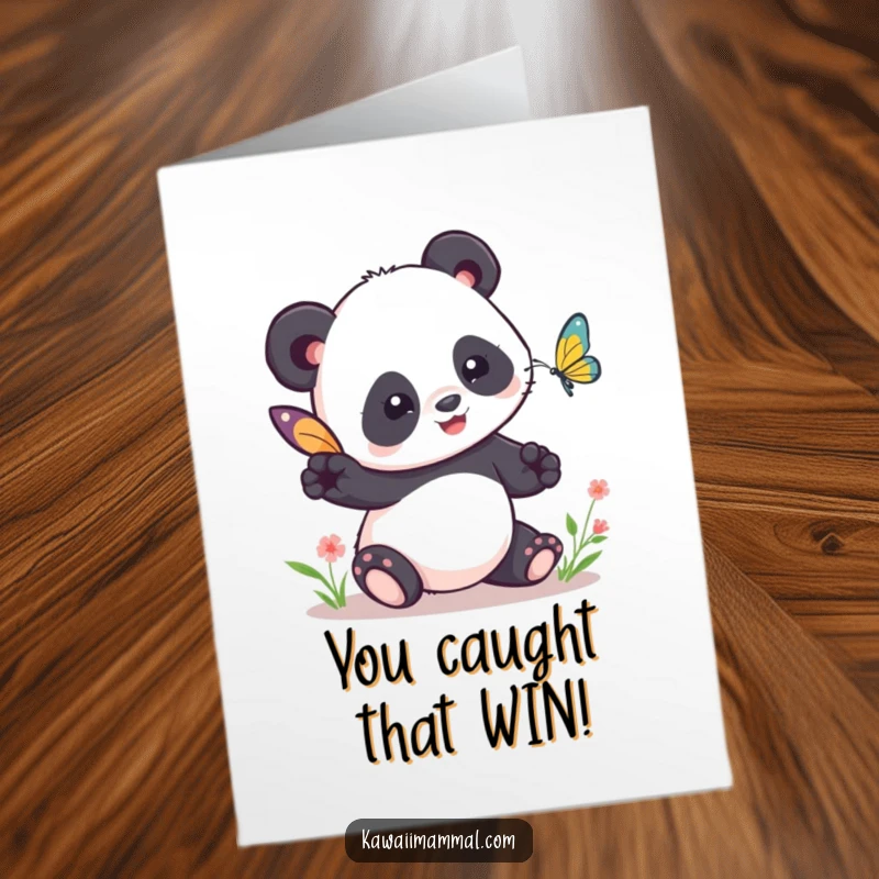 Funny Free Printable Congratulations Card: A happy Kawaii panda attempting to tag a tiny butterfly, celebrating a successful moment.