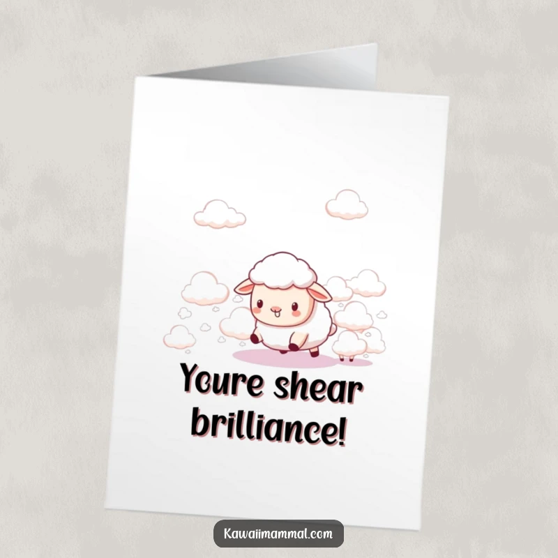 Funny Free Printable Congratulations Card: A determined Kawaii sheep attempting to herd small, fluffy clouds, signifying great success.