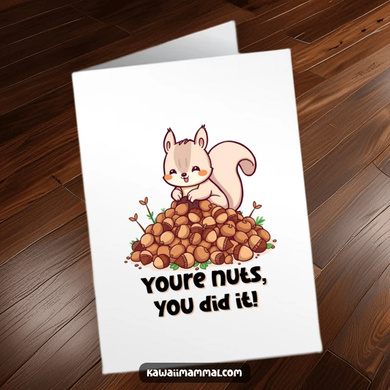 Funny Free Printable Congratulations Card: Excited Kawaii squirrel burying a massive stash of acorns, celebrating a huge achievement.