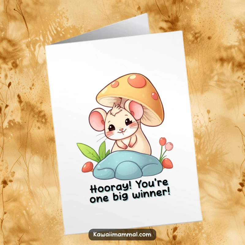 Funny Free Printable congratulations card featuring a giggling mouse as it curiously peeks from behind a giant mushroom.
