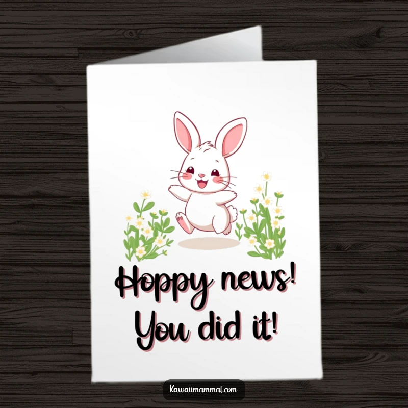 Funny Free Printable Congratulations Card: Adorable bunny enthusiastically hopping, celebrating life's big and small wins.