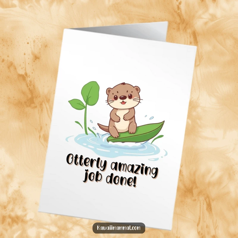 Funny Free Printable Congratulations Card: Adorable Kawaii otter gleefully surfing on a large leaf in a puddle, celebrating success.