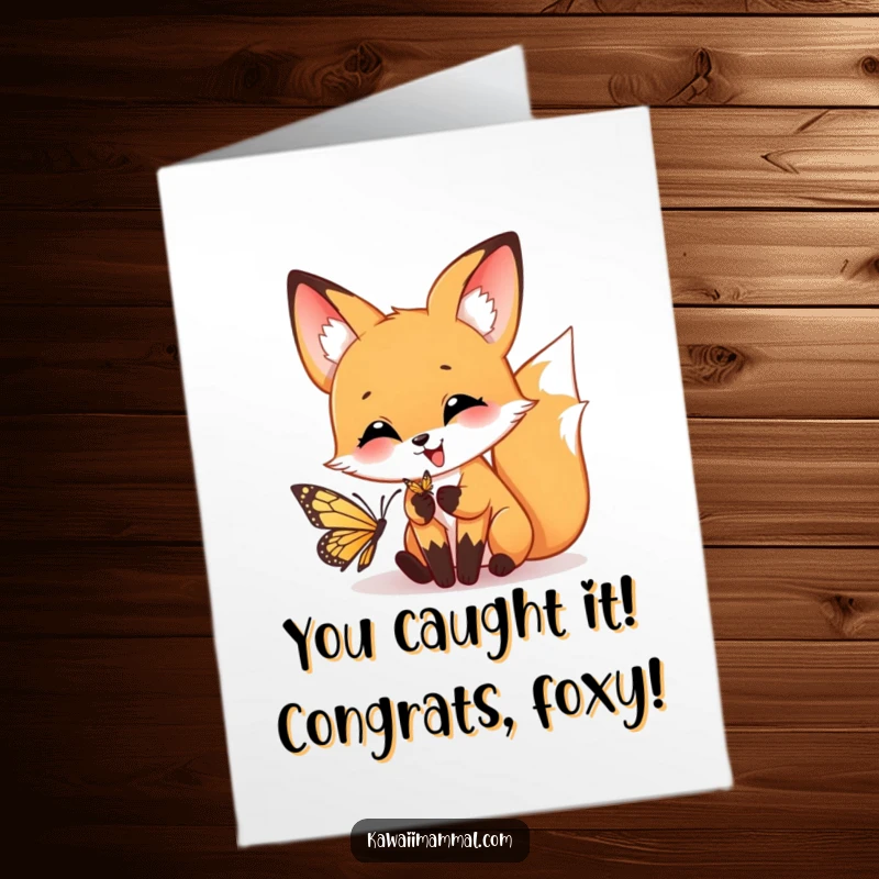 Funny Free Printable Congratulations Card: A happy fox in mid-pounce, playfully catching a butterfly, celebrating achievement.