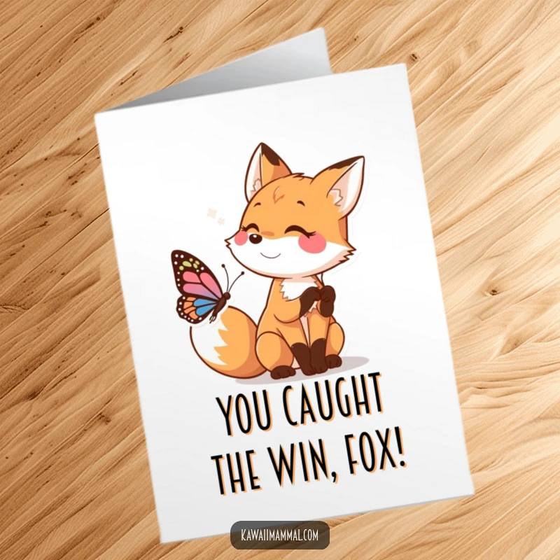 Funny Free Printable Congratulations Card: A happy fox playfully pouncing after a butterfly, celebrating a successful moment.