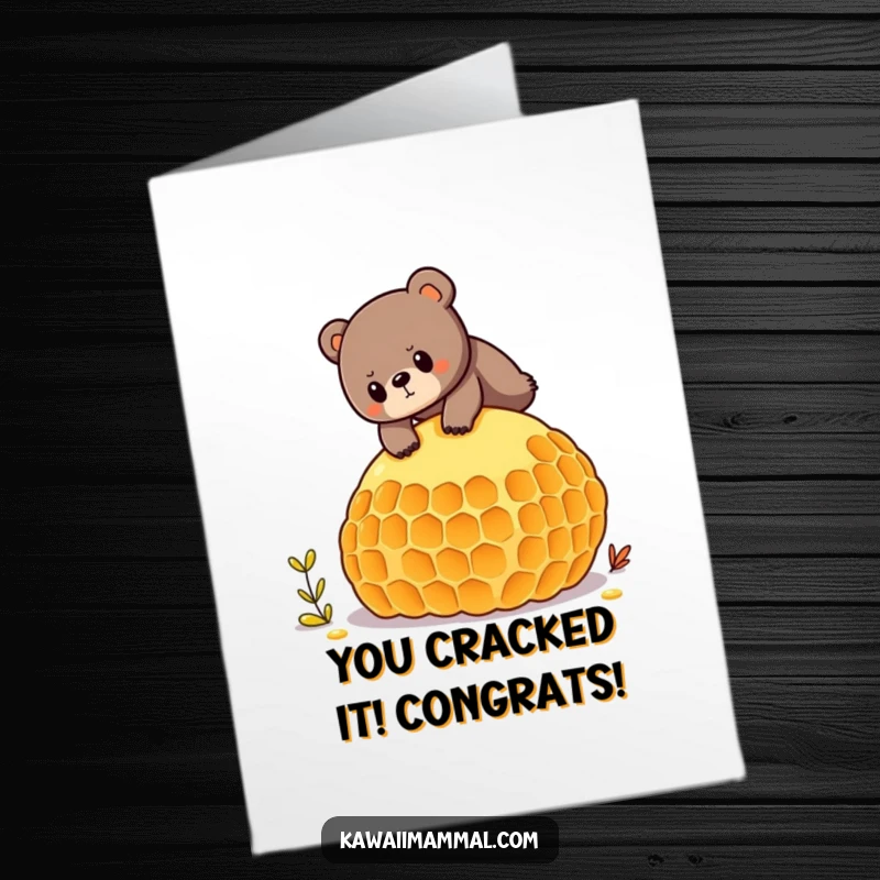 Funny Free Printable Bear Congratulations Card, a determined bear successfully balancing on a giant honeycomb, triumphant and witty art.