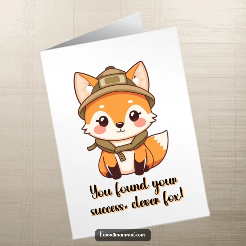 Cute Free Printable Congratulations Card: A kawaii fox wearing an explorer hat, looking around with curious, bright eyes.