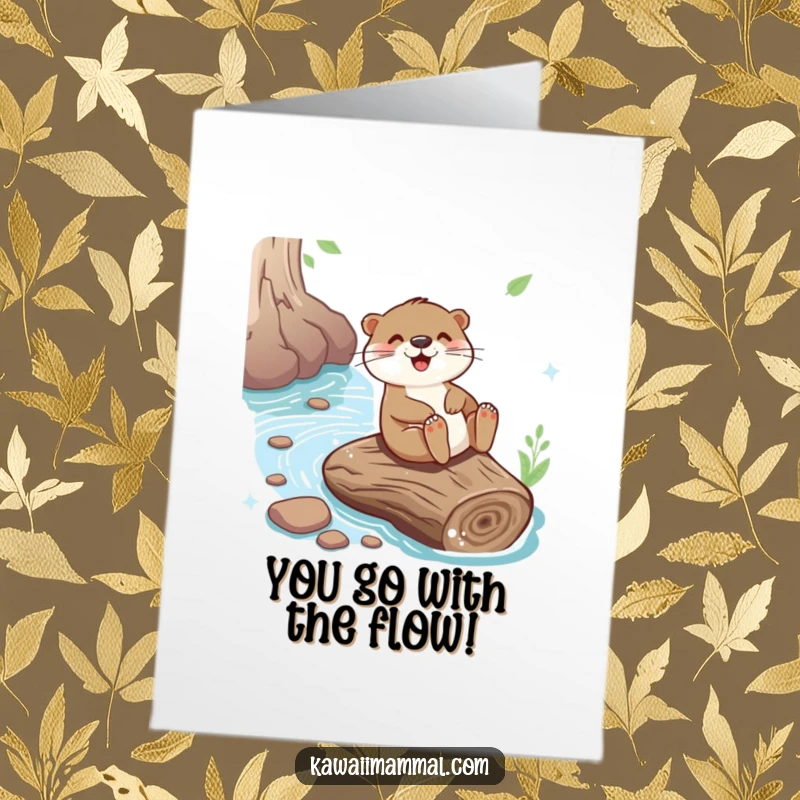 Funny Free Printable Otter Congratulations Card, a playful otter joyfully sliding down a giant river log, celebrating success.