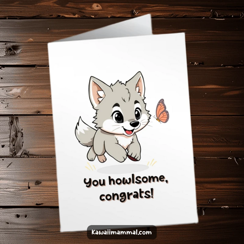 Funny Free Printable Congratulations Card: An energetic wolf puppy leaps after a butterfly, a humorous downloadable for celebrating achievements.