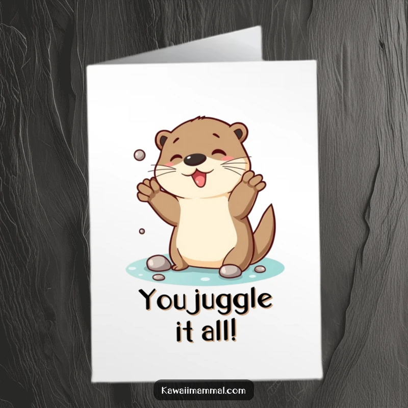 Funny Free Printable Congratulations Card showing a happy otter expertly juggling shiny pebbles in celebration.