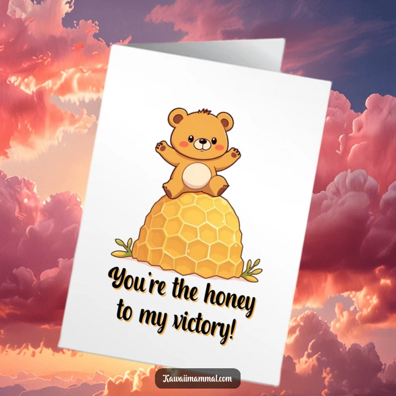 Funny Free Printable Congratulations Card: Determined bear masterfully balances on a giant honeycomb, celebrating an achievement.