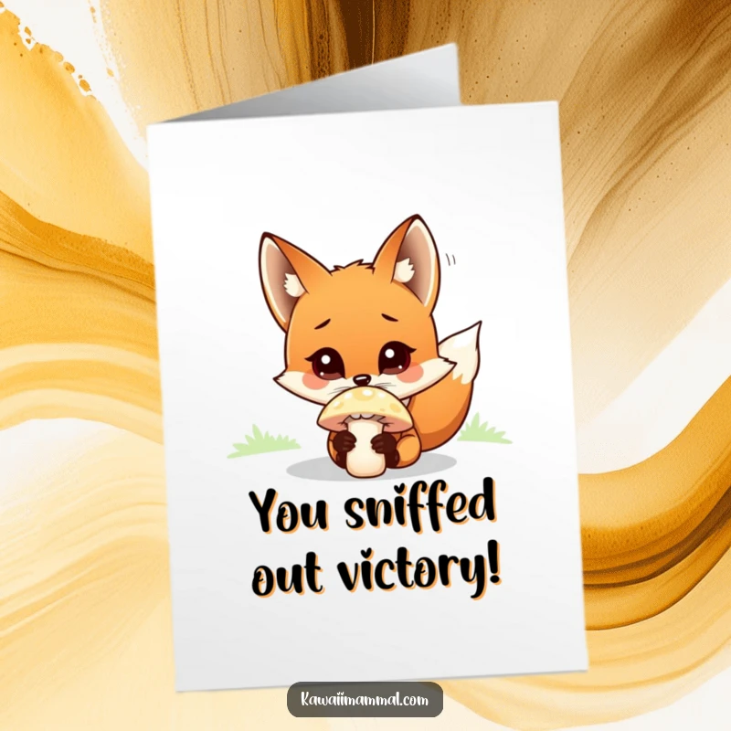 Funny Free Printable Congratulations Card featuring a curious fox wide-eyed at a mushroom, celebrating your brilliant success.