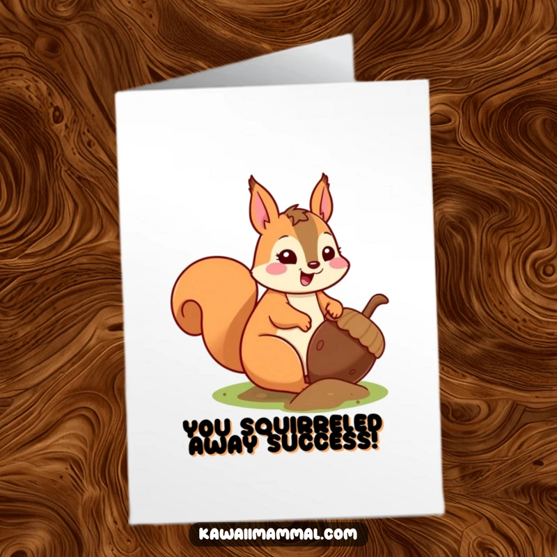 Free Printable Congratulations Card: A kawaii squirrel excitedly buries a huge acorn, symbolizing the successful hoarding of luck and rewards.