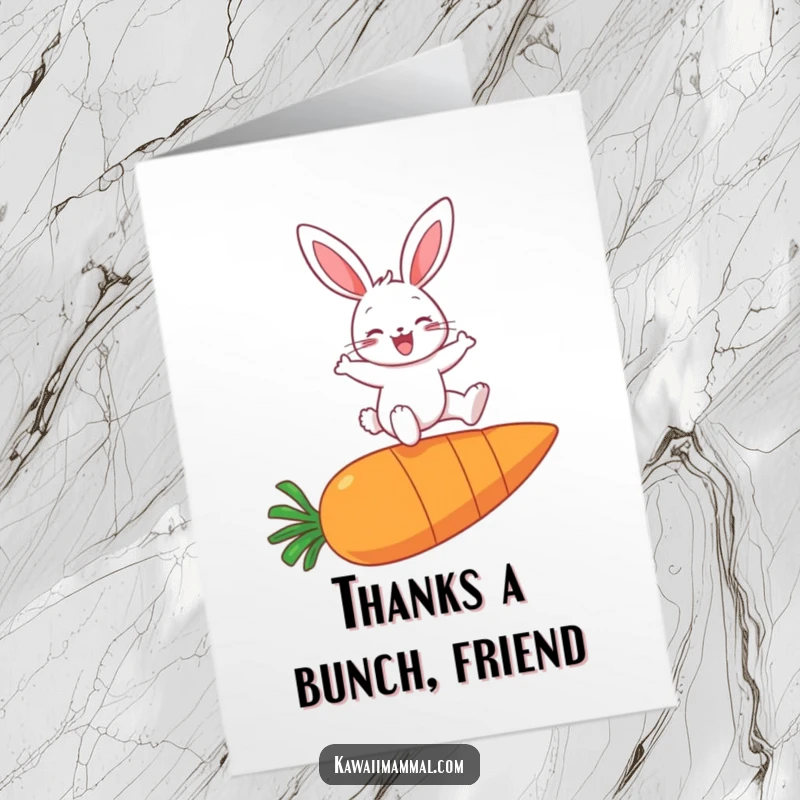 Funny free printable thank you card with a happy bunny leaping over a giant carrot, conveying joyful appreciation.