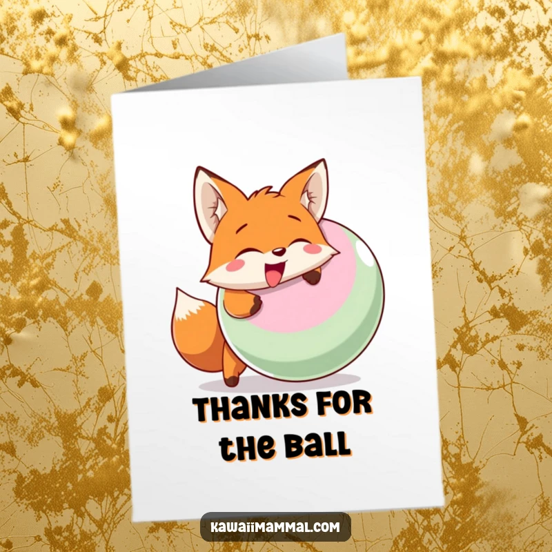 Funny free printable thank you card featuring a fox with a happy expression, head-butting a large ball with all its might.
