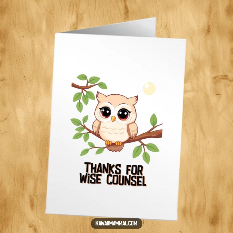 Funny Free Printable Thank You Card: A kawaii owl perched on a branch, eyes wide, thoughtfully observing and sending thanks.