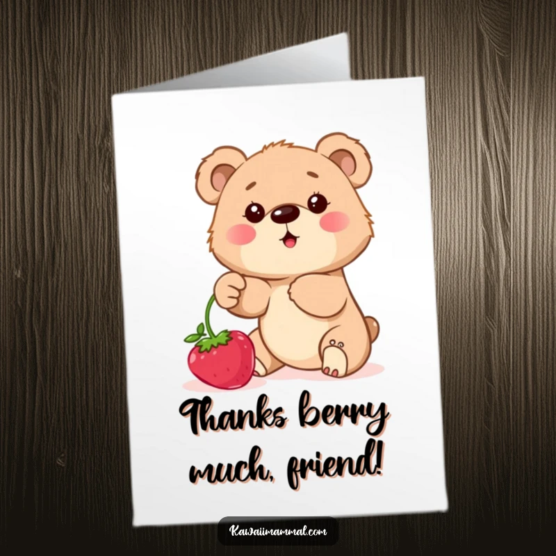 Funny Free Printable Thank You Card of a determined bear cub reaching for a plump berry brush, showing effortful gratitude.